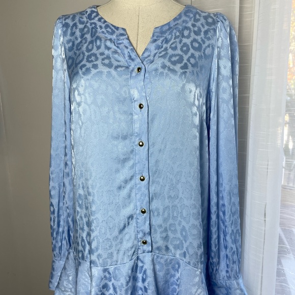 Sail to Sable Blue Animal Print Tiered Button Front Long Sleeve Dress Small - Picture 3 of 12